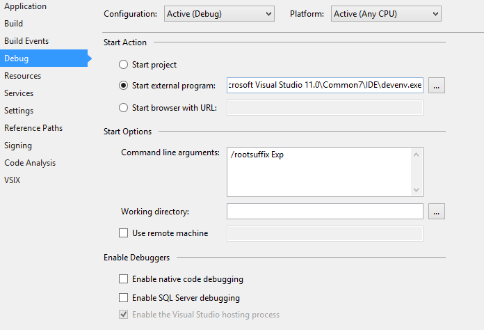 Debugging the VSIX extension